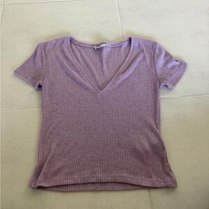 Zara Lavender Purple V-Neck Short Sleeve Ribbed Top